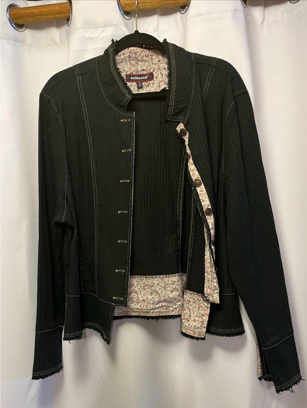 Dollhouse Black Jean Jacket ribbed material with Floral Cuffs and accents